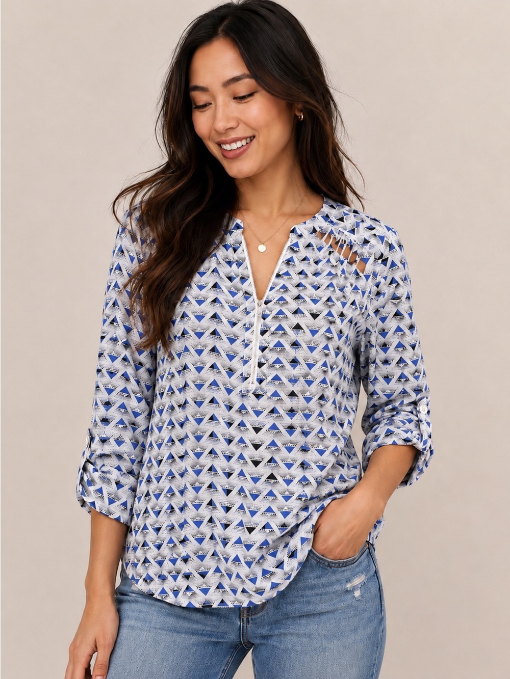 Maurices XL Geometric Zip Neck Roll Tab 3/4 Sleeve Blouse Blue Black Cutouts